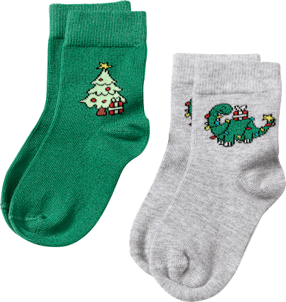 Socken mit Weihnachtsbaum- und Dino-Motiv, grün + grau, Gr. 29/31 ALANA