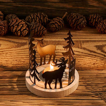 Teelichthalter aus Metall, Holzscheibe mit Bäumen & Hirschen, schwarz-natur BOLTZE