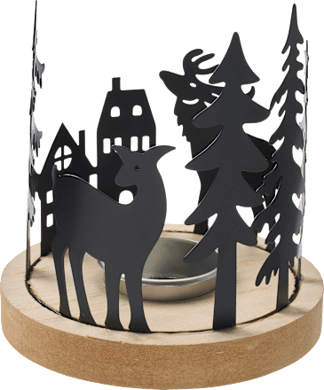 Teelichthalter aus Metall, Holzscheibe mit Bäumen & Hirschen, schwarz-natur BOLTZE