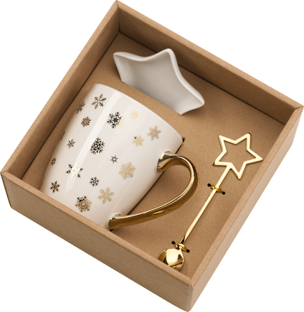 Geschenkset Kaffeebecher Schneeflocken mit Teller & Löffel, weiß-gold Dekorieren & Einrichten