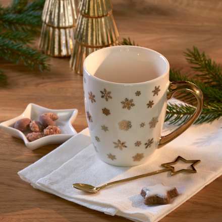 Geschenkset Kaffeebecher Schneeflocken mit Teller & Löffel, weiß-gold Dekorieren & Einrichten