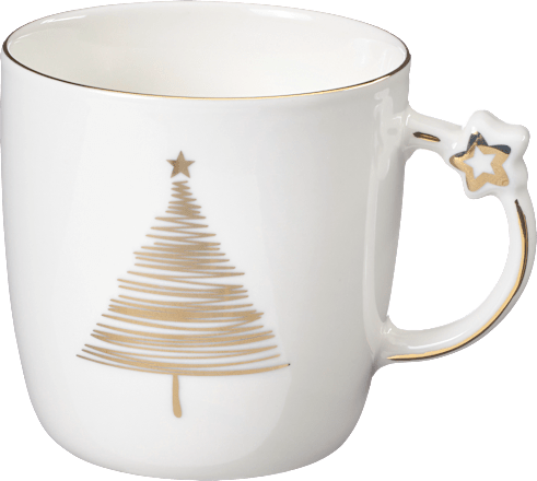 Kaffeebecher mit Sternchenhenkel & Baum, weiß-gold (360 ml) Dekorieren & Einrichten