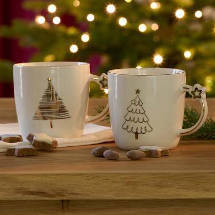 Kaffeebecher mit Sternchenhenkel & Baum, weiß-gold (360 ml) Dekorieren & Einrichten