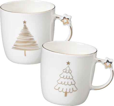 Kaffeebecher mit Sternchenhenkel & Baum, weiß-gold (360 ml) Dekorieren & Einrichten
