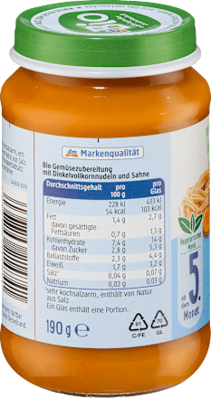 Menü Dinkelpasta in cremiger Gemüsesauce ab dem 5. Monat dmBio