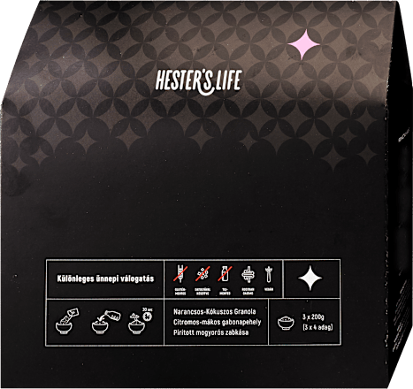Ünnepi válogatás ajándékcsomag, granola, gabonapehely és zabkása, 3x200 g Hester’s Life