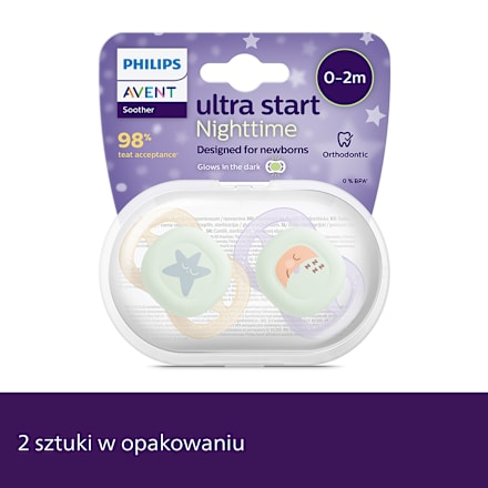 Smoczek uspokajający Ultra Start Nighttime 0-2m, świecący w ciemności, ortodontyczny, dziewczynka PHILIPS AVENT