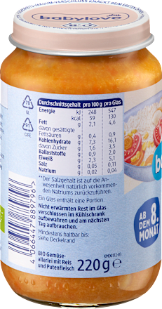 Bio junior menü zöldségfélék rizzsel és pulykával, 8. hónapos kortól babylove