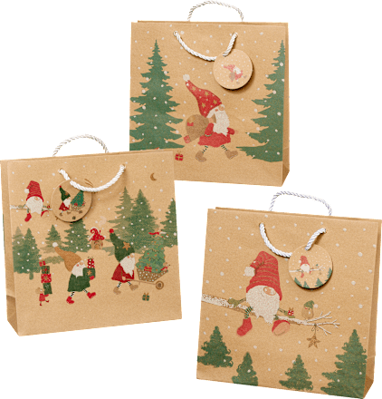 Geschenktasche, Schubkarre/Zweig/Wichtel, veredelt NK, midi, quadratisch Profissimo