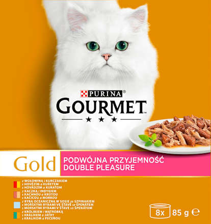 Gold konzervy pro kočky hovězí a kuře, králík a játra, mořské ryby, kachna a krůta 8x85g PURINA GOURMET