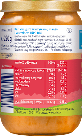 Kasza bulgur z warzywami, mango i kurczakiem BIO. po 9. miesiącu HiPP