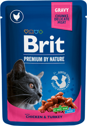 Krmivo pre dospelé mačky v kapsičke Premium s kuracím a morčacím mäsom v omáčke Brit