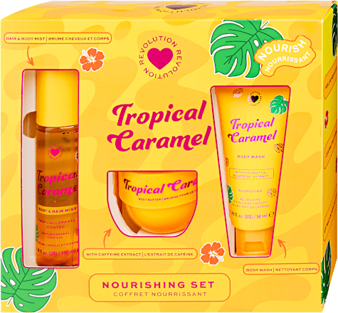 Testvaj, tusfürdő, haj és testpermet, Tropical Caramel ajándékcsomag REVOLUTION