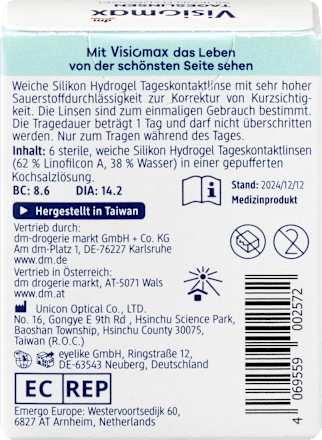 Lentile de contact zilnice din silicon-hidrogel dioptrie -3,25 Visiomax