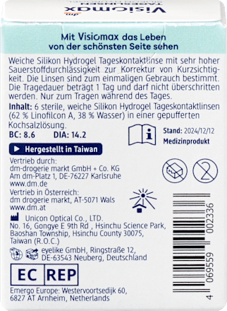 Lentile de contact zilnice din silicon-hidrogel dioptrie -1,25 Visiomax