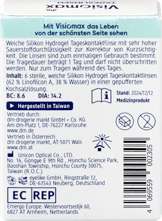 Silikon-Hydrogel Tageslinsen Dioptrie -1,00 VISIOMAX