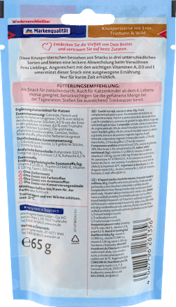 Ropogós jutalomfalatok macskáknak kacsával, pulykával és vaddal Dein Bestes