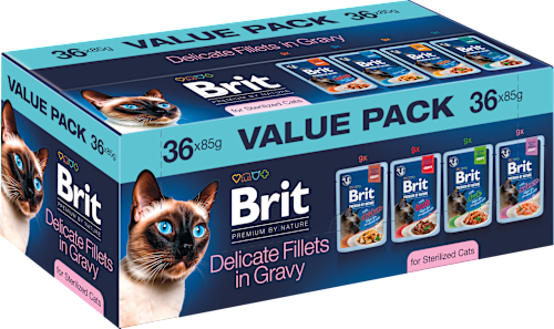 Krmivo pre kastrované mačky v kapsičke Premium By Nature Delicate Fillets in Gravy - mix 36 x 85 g Brit