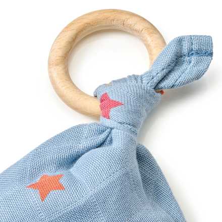 Schmusetuch aus Musselin & Holzring, blau & gelb ALANA