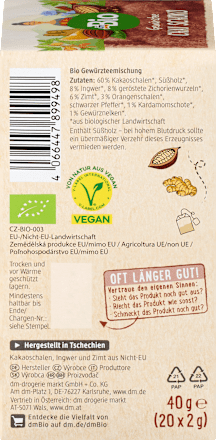 Bio čajna mešanica Chai Schoko s kakavom, ingverjem in cimetom (20 x 2 g) dmBio