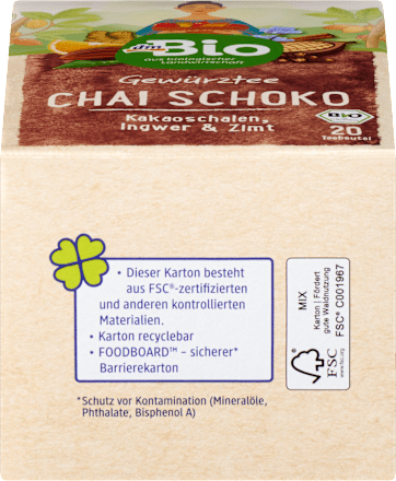 Bio čajna mešanica Chai Schoko s kakavom, ingverjem in cimetom (20 x 2 g) dmBio