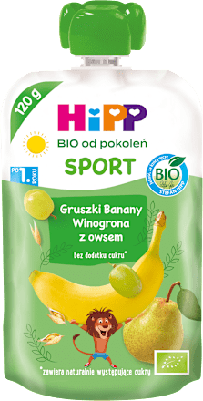 Mus Gruszki-Banany-Winogrona z owsem BIO, po 1. roku SPORT HiPP