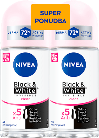 Antiperspirant roll-on Black & White Invisible Clear - super ponudba, 2 × 50 ml NIVEA