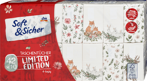 Papír zsebkendő 4-rétegű, limitált kiadás (42x10db) Soft&Sicher