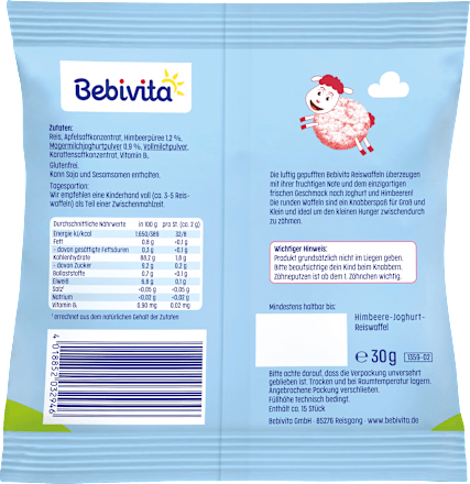 Babysnack Reiswaffel Himbeere Joghurt, ab 8 Monaten Bebivita