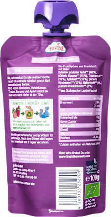 Quetschie Bio Himbeere, Heidelbeere, Traube, Banane, Apfel und Hafer ab 6 Monaten FruchtBar