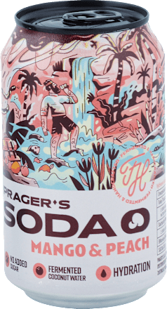 Nealkoholický sýtený osviežujúci nápoj Mango & Peach na báze fermentovanej kokosovej vody  PRAGER SODA