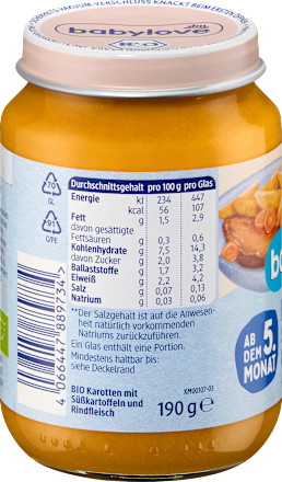 Menü Karotten mit Süßkartoffeln und Rindfleisch ab dem 5.Monat babylove