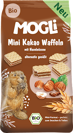 Kindersnack Mini Kakao Waffeln mit Haselnüssen MOGLi