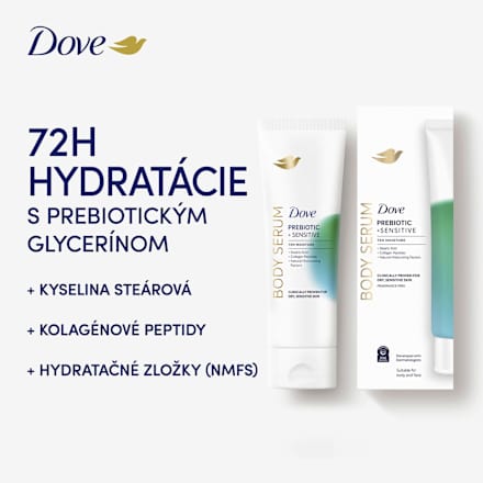 Telové sérum na suchú a citlivú pokožku Prebiotic + Sensitive 72H Moisture Dove