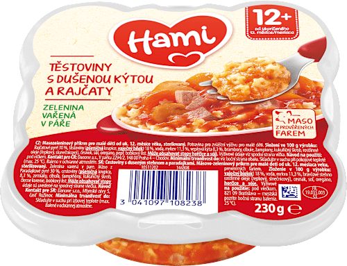 Príkrm Malý gurmán cestoviny s duseným stehnom a paradajkami Hami