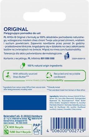 Pielęgnująca pomadka do ust Original, duopack, 2x4,8g NIVEA