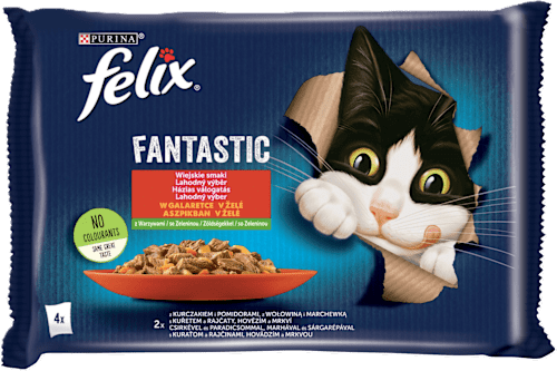 Mokra karma dla kota Fantastic, mięso z warzywami, saszetka, (4x85g) Felix