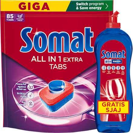 ALL IN 1 EXTRA tablete za pranje sudova GIGA pack 85kom + 5in1 RINSER za sjaj posuđa 750ml gratis Somat