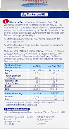 Prehransko dopolnilo Heißer Holunder z vitaminom C in cinkom (20 vrečk po 5 g) Mivolis