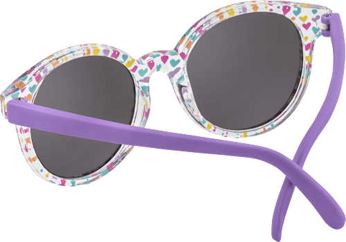 Sonnenbrille Kids, transparentes Gestell mit bunten Herzen & lilafarbene Bügel SUNDANCE