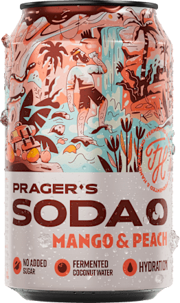 Nealkoholický sýtený osviežujúci nápoj Mango & Peach na báze fermentovanej kokosovej vody  PRAGER SODA