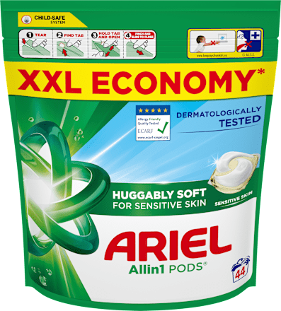 Pracie gélové kapsuly Allin1 Pods Sensitive Skin, XXL ECONOMY Ariel