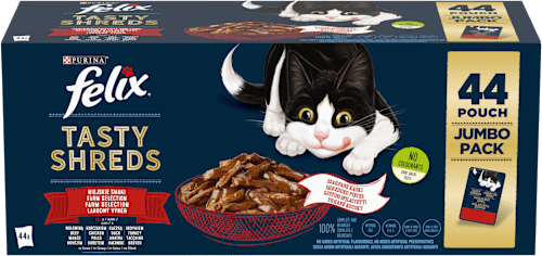 Tasty Shreds kapsičky pro kočky Lahodný výběr, Jumbopack 44x85g Felix