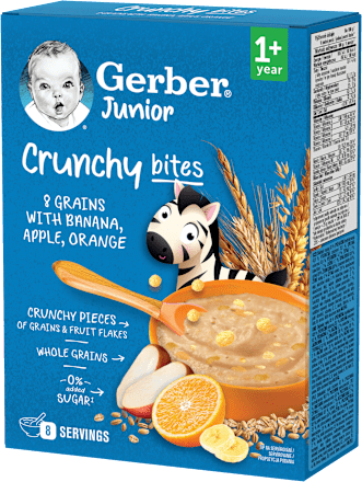 Kaszka 8 zbóż banan, jabłko, pomarańcza Junior Crunchy Bites, po 1. roku Gerber