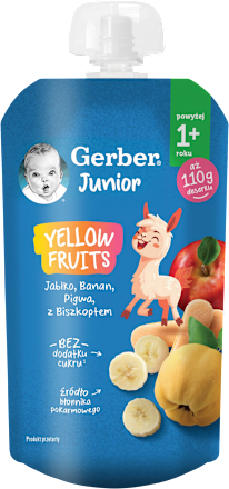 Mus jabłko, banan, pigwa z biszkoptem, Junior Yellow Fruits po 1. roku Gerber