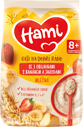 mléčná kaše se 7 obilninami s banánem a jahodami Hami