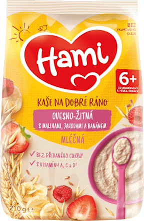 mléčná kaše Na dobré ráno, ovesno-žitná s banánem, jahodami a malinami Hami