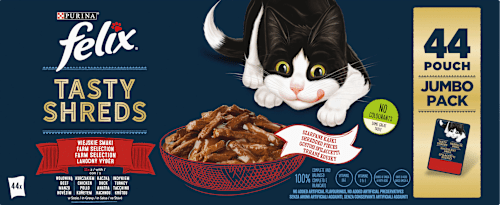 Tasty Shreds kapsičky pro kočky Lahodný výběr, Jumbopack 44x85g Felix