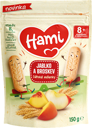 dětské sušenky s příchutí jablka a broskve Hami