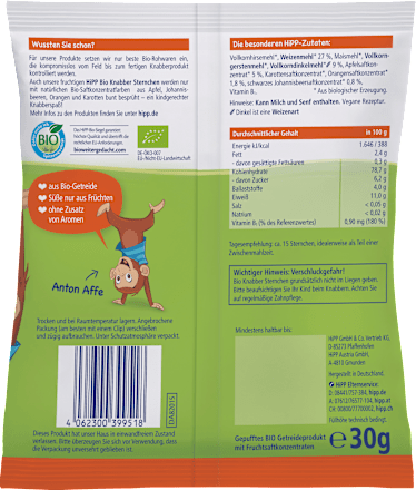 Kindersnack Knabber Sternchen mit Apfel, Orange und Johannisbeere, ab 1 Jahr HiPP